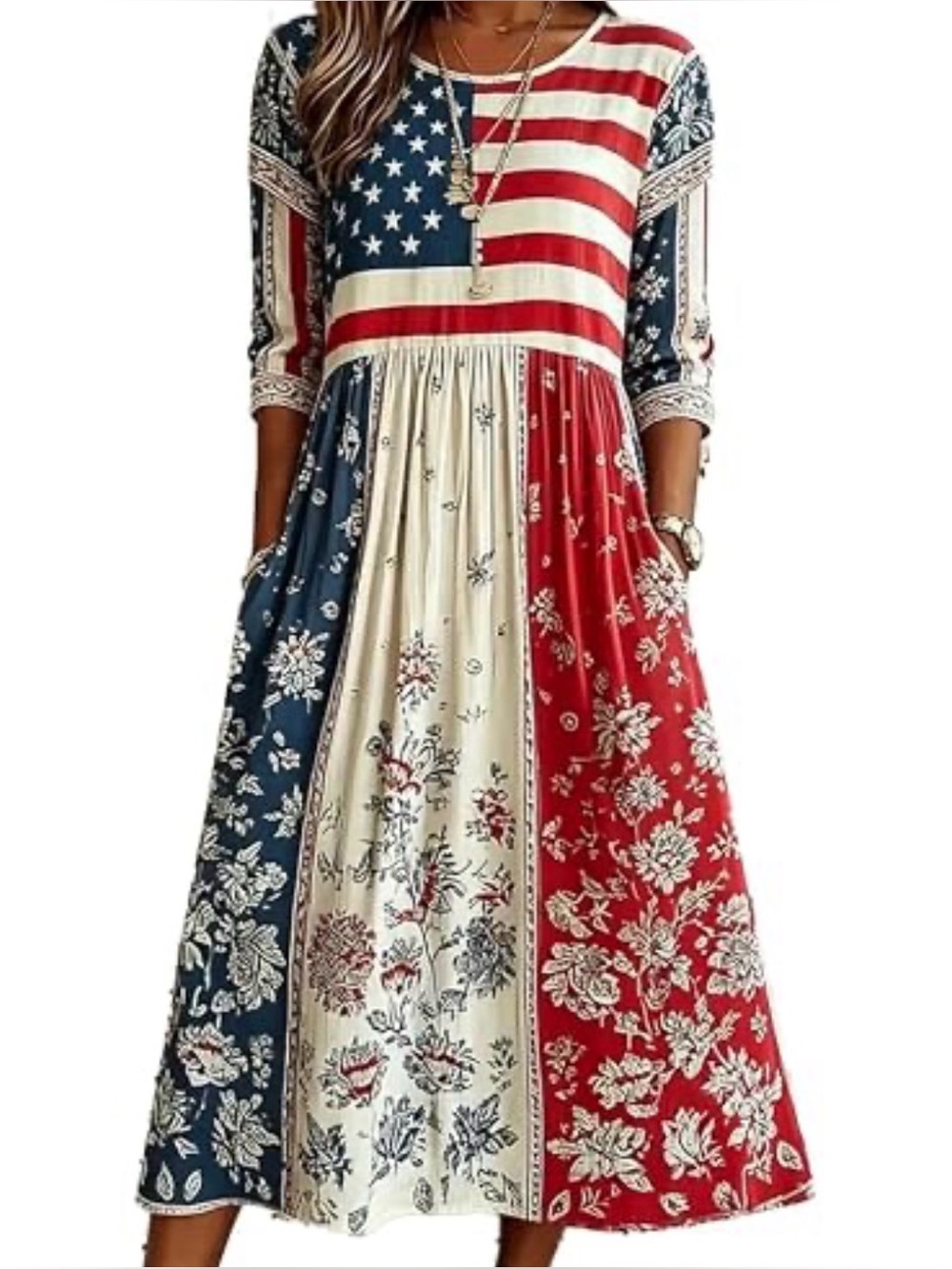 NEW NWOT Patriotic Americana Flag Sz Large Casual Long Sleeve Maxi Dress E-7
